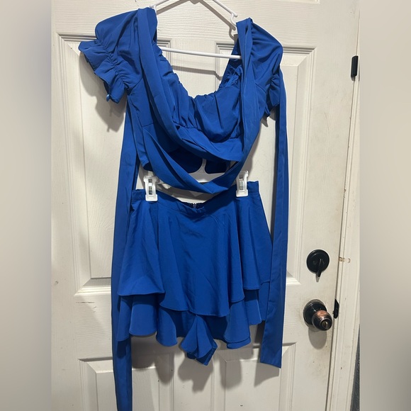 SHEIN blue off the shoulder shirt w matching skirt with ruffles Size S #party - Picture 3 of 8